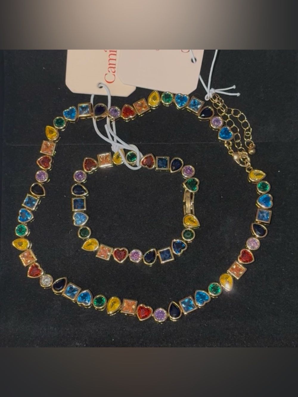 Camila Coelho Set Gold Rainbow Multicolor Cubic Zirconia Necklace & Bracelet NWT